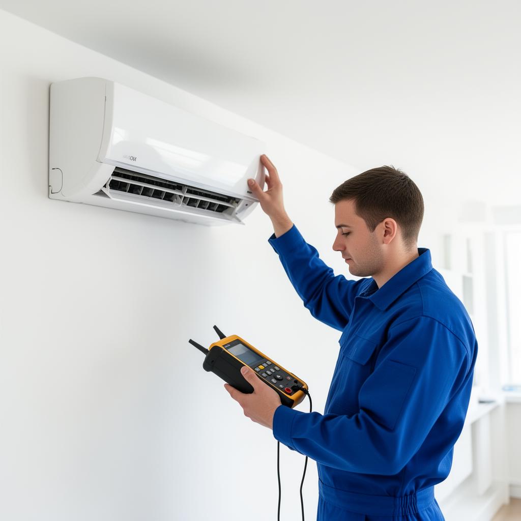 CarePoint technician servicing split AC unit at home in Delhi NCR